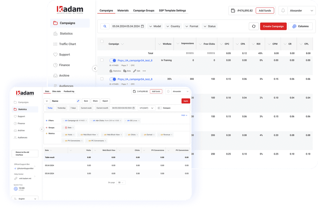 Интерфейс рекламного кабинета Kadam с настройкой таргетингов кампании
